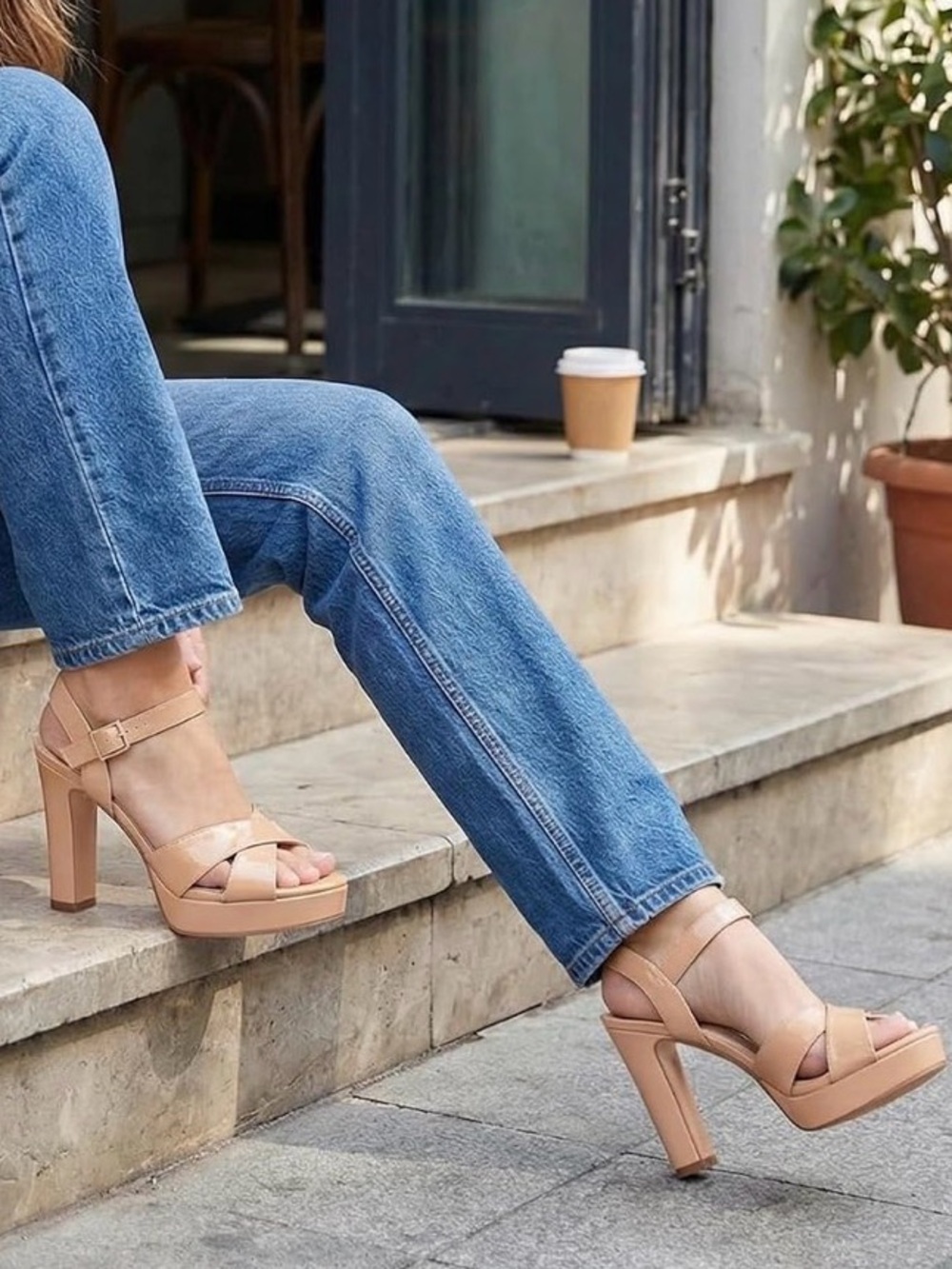 Abbleet Patent Platform Heel Sandals in Nude with Ankle Strap